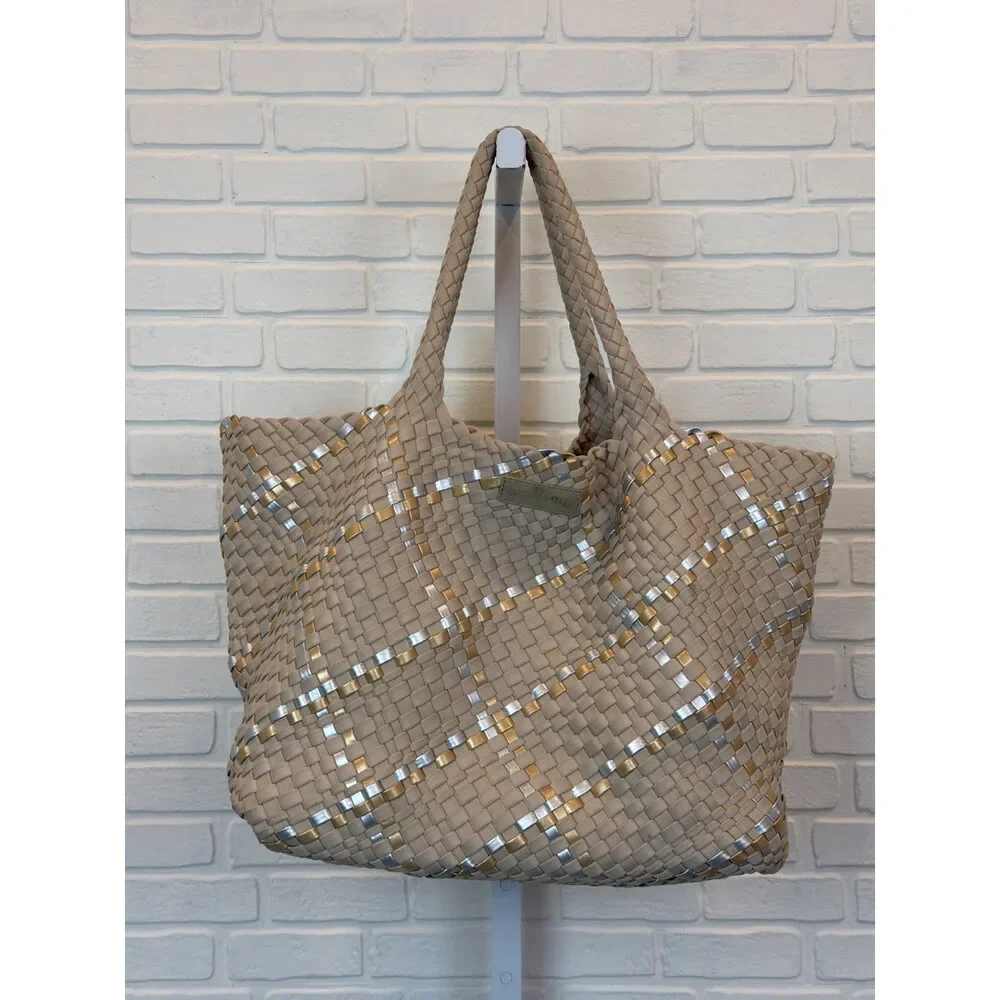 Parker & Hyde Woven Tote Bag Greige Metallic Gold Silver One Size